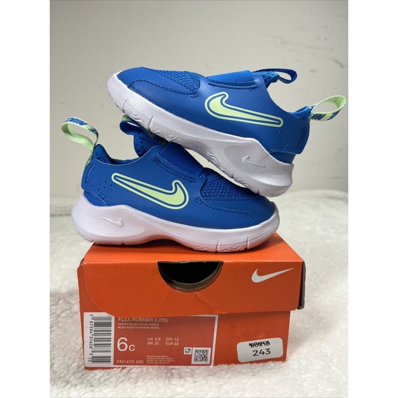 Boy's Nike, Flex Runner 3 Sneaker - Toddler FN1478-400 Photo Blue/Vapor Green SY - Picture 1 of 6